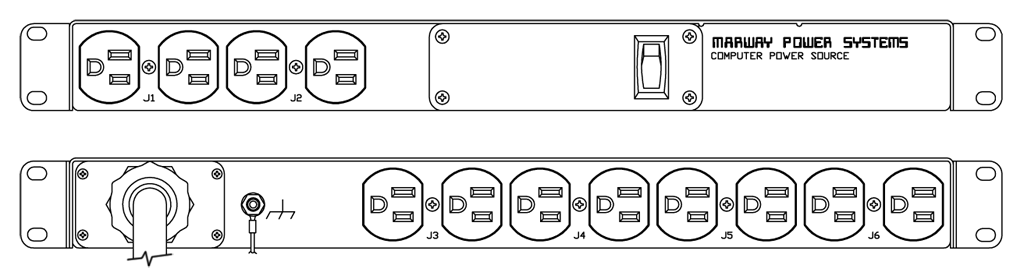 Product layout of front and back panels for Marway's MPD-90-034 Optima PDU.