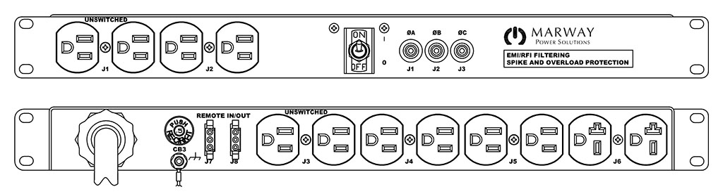Product layout of front and back panels for Marway's MPD-103R-011 Optima PDU.