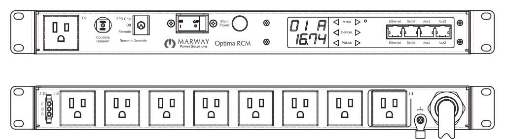 Product layout of front and back panels for Marway's MPD-820106-PSW-000 Optima PDU.