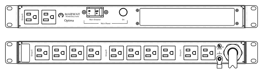Product layout of front and back panels for Marway's MPD-520061-000 Optima PDU.