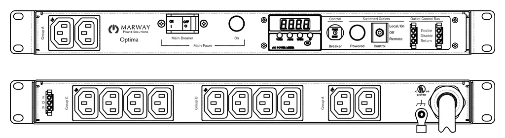 Product layout of front and back panels for Marway's MPD-520092-000 Optima PDU.