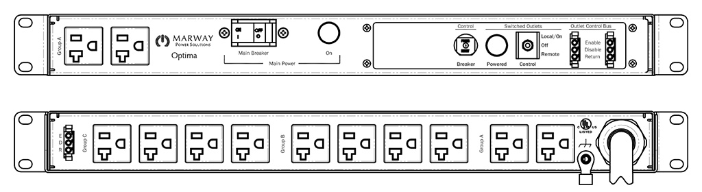 Product layout of front and back panels for Marway's MPD-520026-000 Optima PDU.