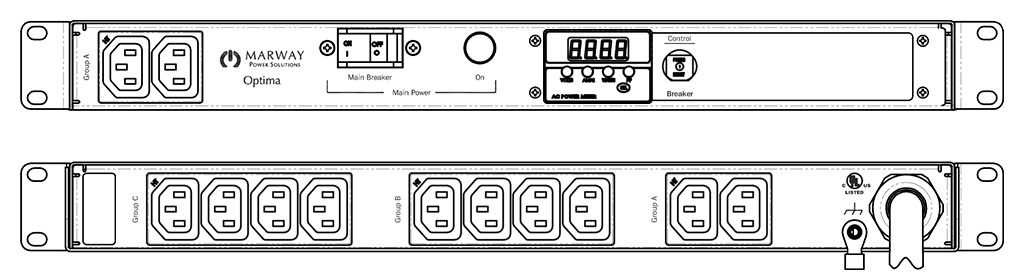 Product layout of front and back panels for Marway's MPD-520043-000 Optima PDU.