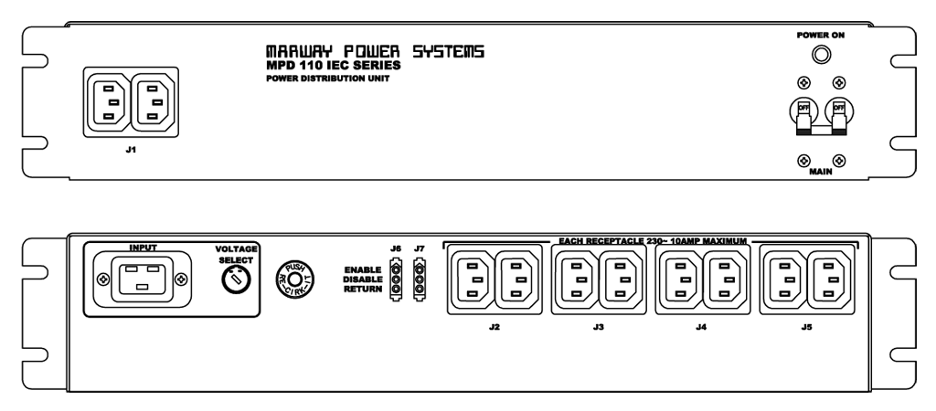 Product layout of front and back panels for Marway's MPD-110IEC Optima PDU.