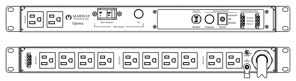 Product layout of front and back panels for Marway's MPD-520002-000 Optima PDU.