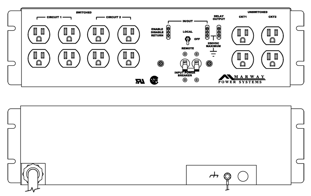 Product layout of front and back panels for Marway's MPD-115 Optima PDU.