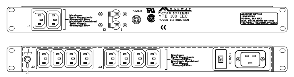 Product layout of front and back panels for Marway's MPD-100IEC Optima PDU.