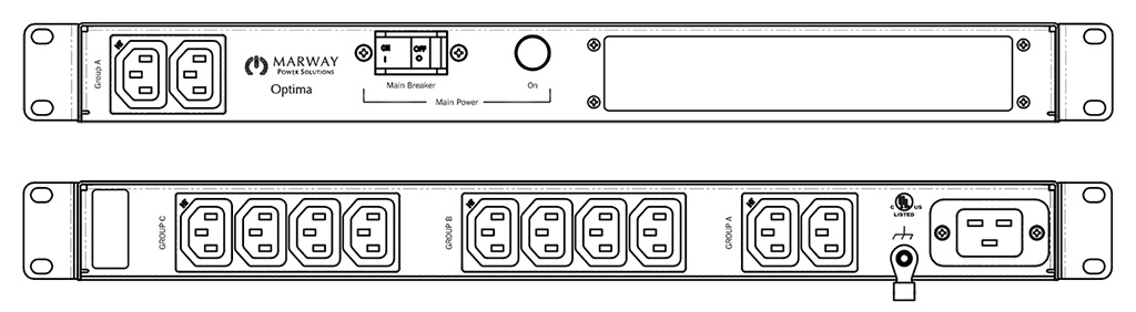 Product layout of front and back panels for Marway's MPD-520049-000 Optima PDU.