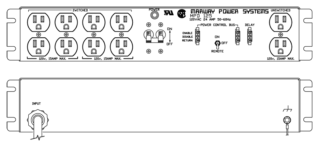 Product layout of front and back panels for Marway's MPD-125 Optima PDU.