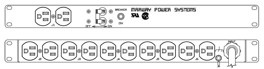 Product layout of front and back panels for Marway's MPD-100-013 Optima PDU.