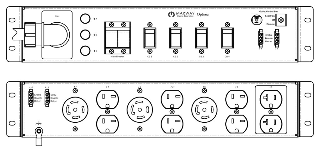 Product layout of front and back panels for Marway's MPD-532019-000 Optima PDU.