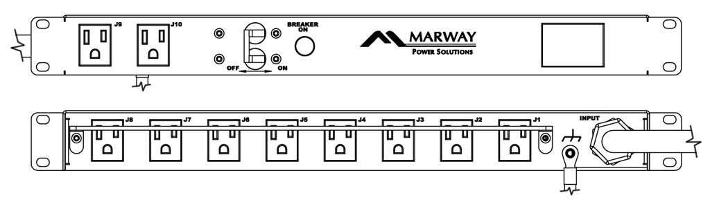 Product layout of front and back panels for Marway's MPD-100-203 Optima PDU.