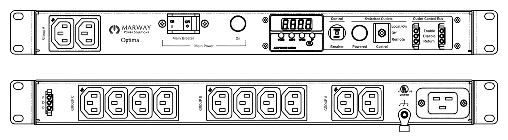 Product layout of front and back panels for Marway's MPD-520057-000 Optima PDU.