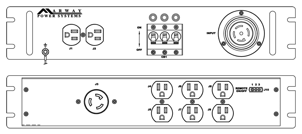 Product layout of front and back panels for Marway's MPD-41620-103 Optima PDU.