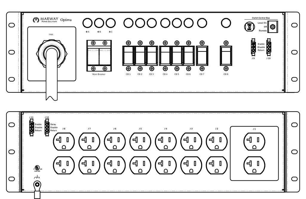 Product layout of front and back panels for Marway's MPD-533000-000 Optima PDU.
