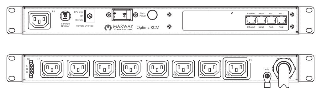 Product layout of front and back panels for Marway's MPD-820104-NSW-000 Optima PDU.